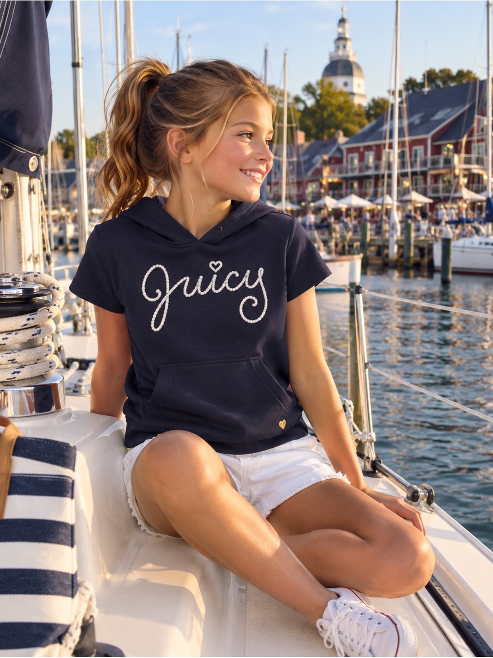 Juicy Couture Girls Navy Regal Juicy Rope Logo Short Sleeve Hoodie L 10-12 NWT